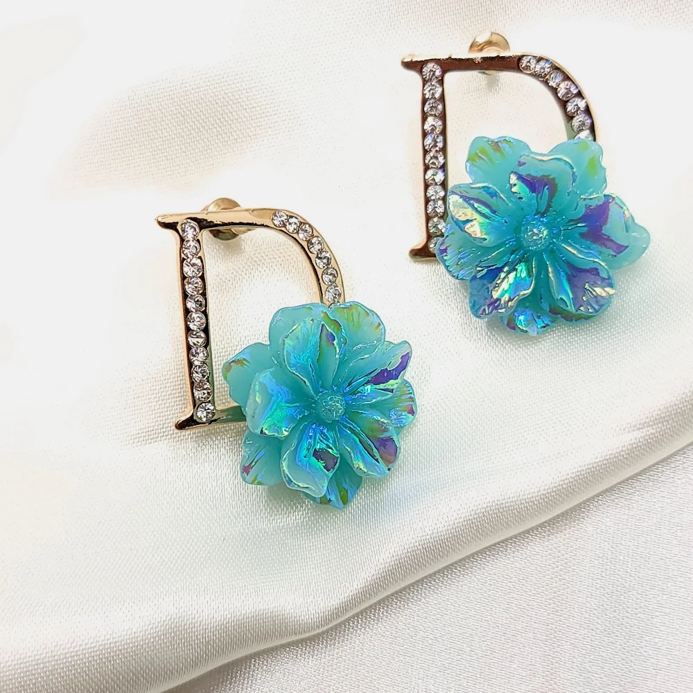 Iridescent Icy Blue Initial D Stud Earrings Aqua flower Earrings Diamond Studded
